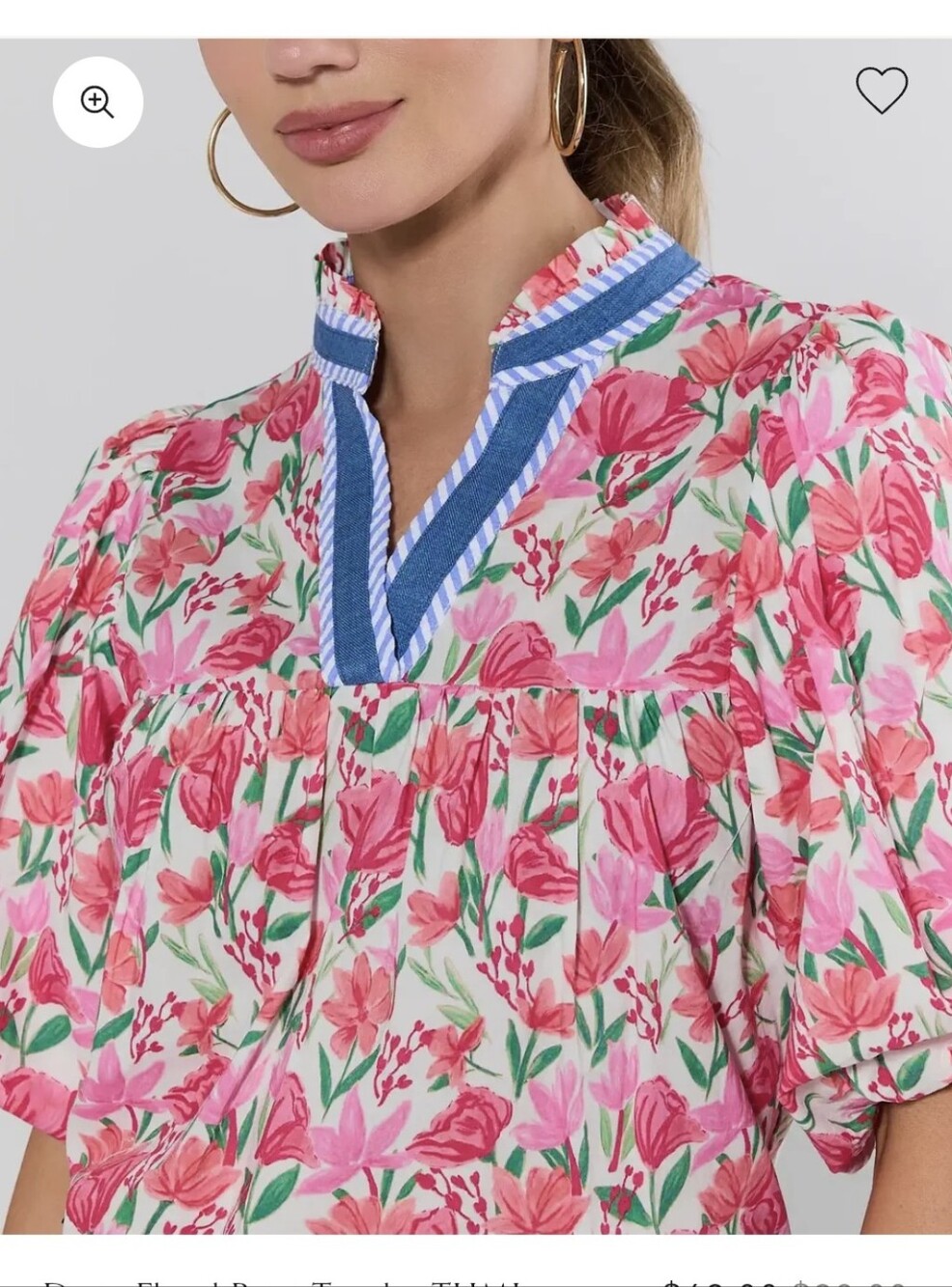 THML Pink Floral Puff Sleeve Top with Blue-Trim V-Neck - Picture 2 of 6
